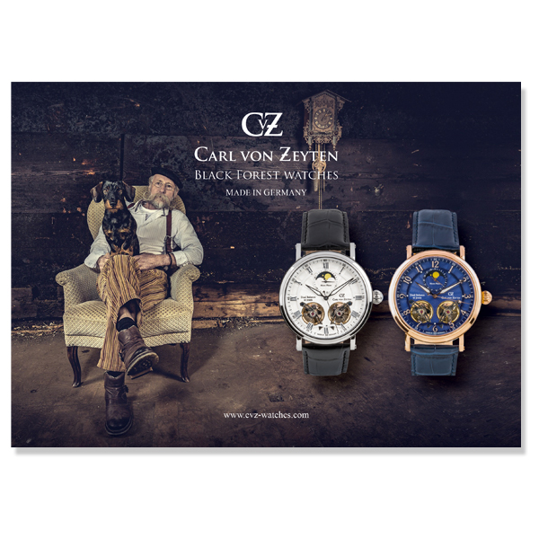 Carl von Zeyten, CVZ, Black Forest Watches, Kahl Media Design, Fotografie, Produktfotografie, Uhren, Grafikdesign, Print, Katalog, Herstellung