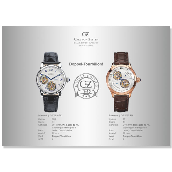 Carl von Zeyten, CVZ, Black Forest Watches, Kahl Media Design, Fotografie, Produktfotografie, Uhren, Grafikdesign, Print, Katalog, Herstellung